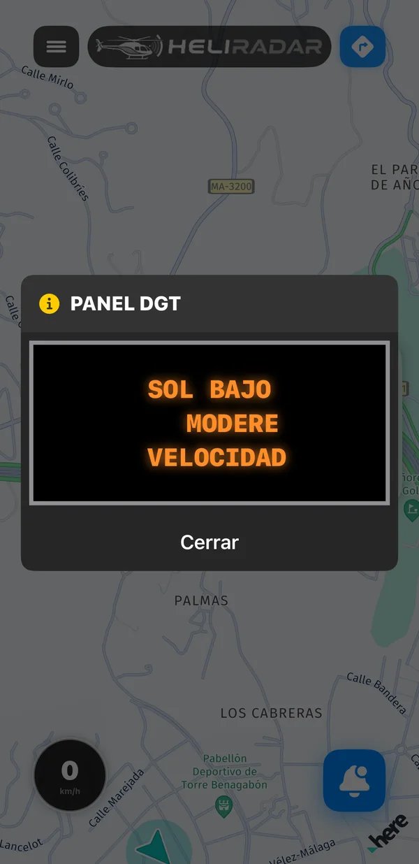 App Heliradar: mensaje de un panel DGT de mensaje variable